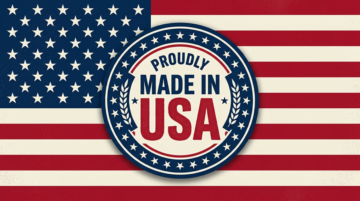 American flag with 'Proudly Made in USA' stamp