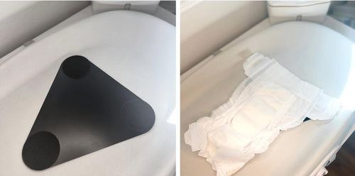 The image features two expeDipes. Left side of the image showcases an empty expeDipe. The right of the image shows a diaper outstretched on a expeDipe showing how it eases diaper changes.